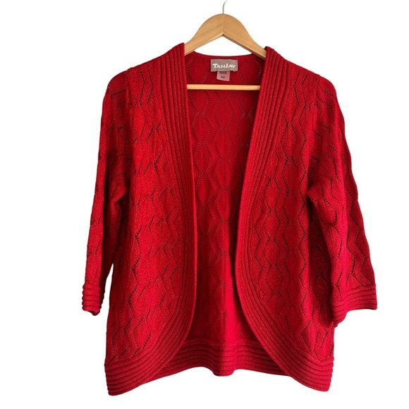 TanJay Red Open Front Women's Crochet Knit 3/4 Sleeve Cardigan Size Medium - Picture 1 of 9